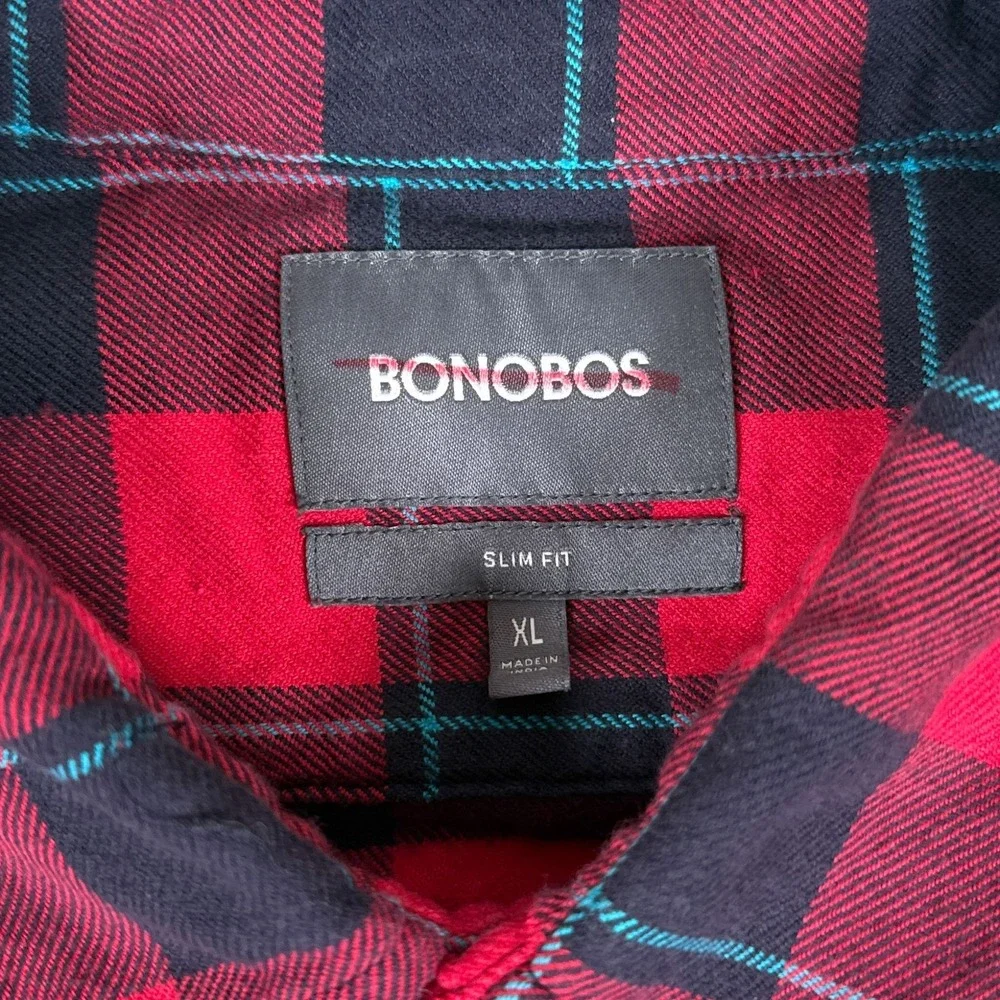 Bonobos Shirt Mens XL Red Black Plaid Flannel Button Up Long Sleeve Slim Fit - Picture 2 of 13